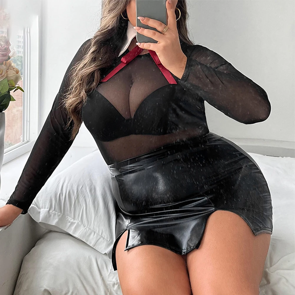 Plus Size Women Cosplay Sexy Mesh Lingerie Bodysuit Underwear Uniform Seduction Suit Perspective Mesh Hollow Skirt XL-4XL