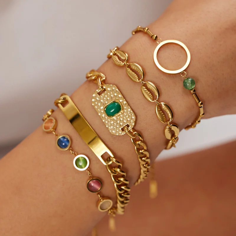 

Minar Retro Multiple Multicolor Opal Natural Stone Charm Bracelets for Women 18K Gold Titanium Steel Chunky Curb Chain Bracelet