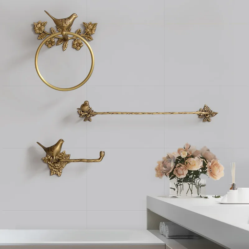

Vintage Brass Bird Towel Ring Non Perforated Towel Rack In Bathroom Accessories Toilet Paper Holder Storage Wall Hanging