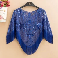 womens pullover loose summer shawl tassel top lace cloak sequin sunscreen girls wear hollow out versatile outdoor blue