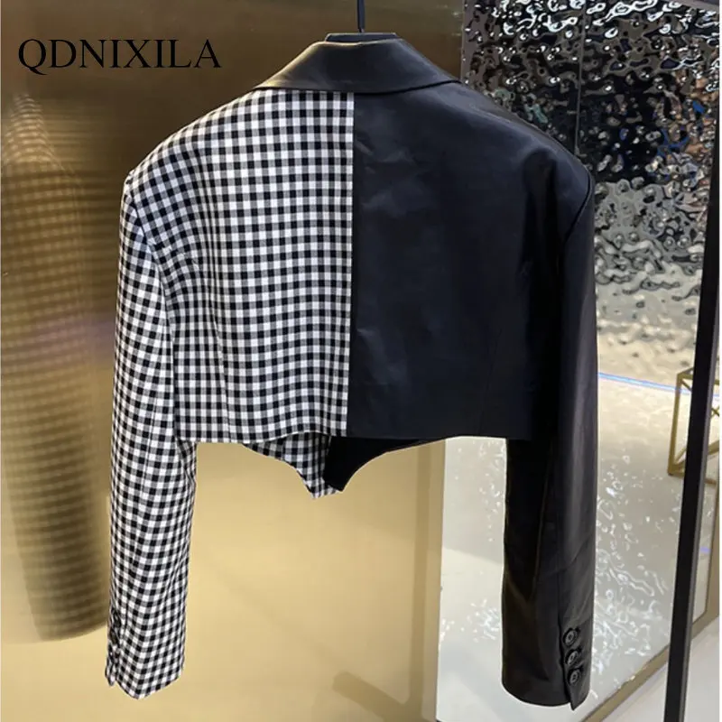 2023 Spring Jacket Women Y2k Black-and-white Plaid Contrast Stitching PU Leather Jacket Women New Outerwear Top Women UltraShort enlarge