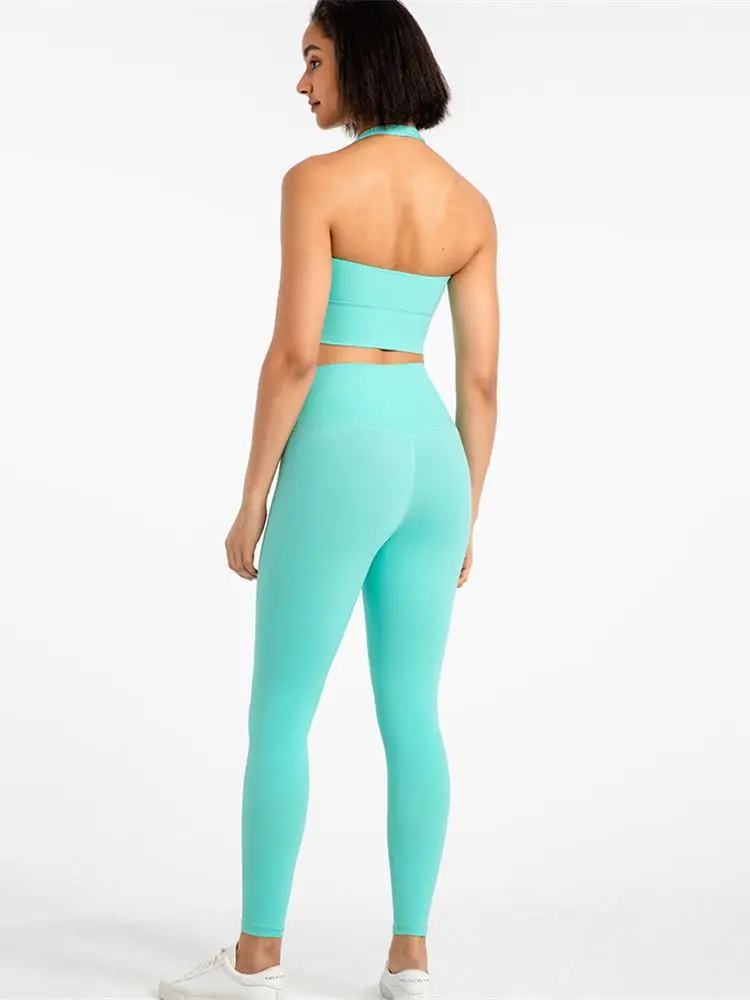 Solid Color Women Gym Fitness Set Halter Neck Sports Bra Crop Top Yoga Legging Two Pcs Suits Front Waist Cross Workout Training