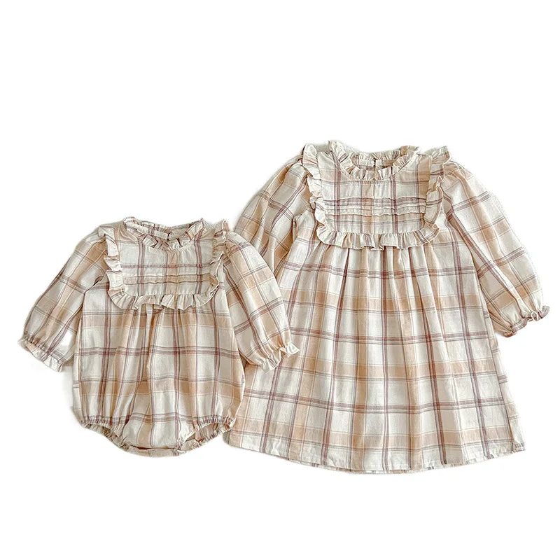 

Kids Dresses for Girls Korean Sisters Dress Kids Girl Clothes Baby Rompers Cute Lace Collar Plaid Long Sleeve Girls Dress