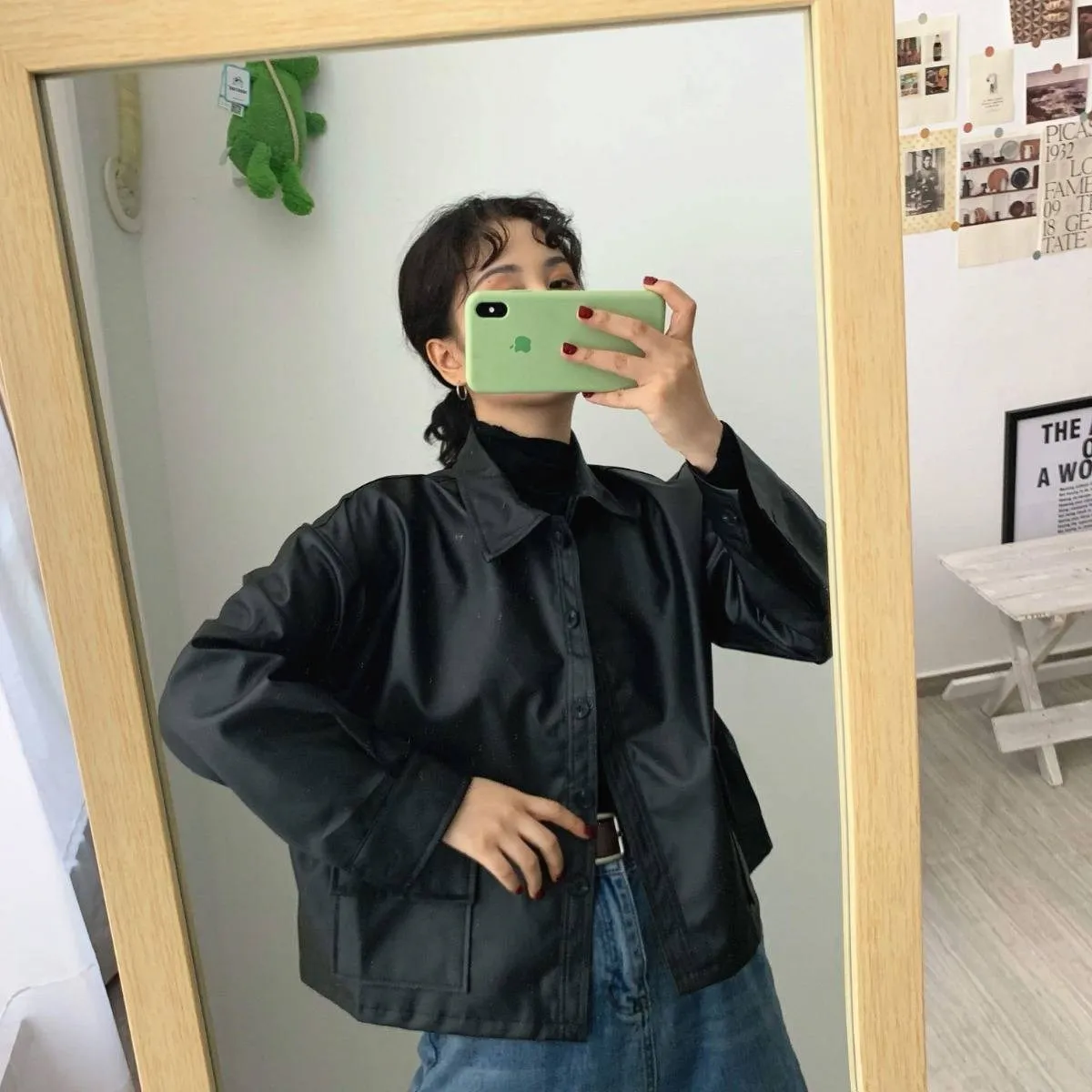 Spring  Autumn Chic Vintage Motorcycle PU Leather Coat Loose Student Leather Coat Short Coat Women Short Girl Leather Coat