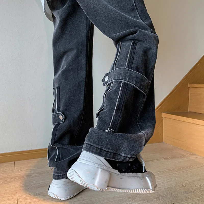 retro zip jeans men's loose straight leg casual jeans fashion denim trousers youth streetwear pantalon