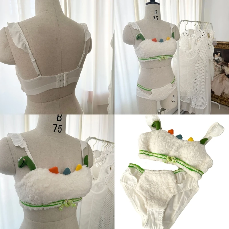 95AB женский милый маленький динозавр 2 шт. флисовый плюшевый бюстгальтер и трусики