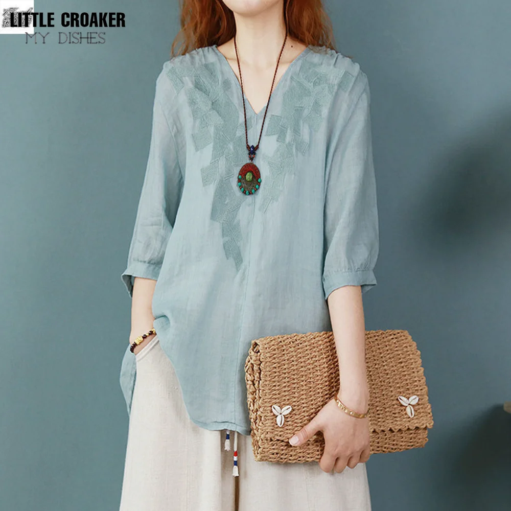 

Huafuni Vintage Art T-shirt Summer Front Short Back Long Cotton Linen Embroidery T-shirt Loose Women's Top Small Shirt