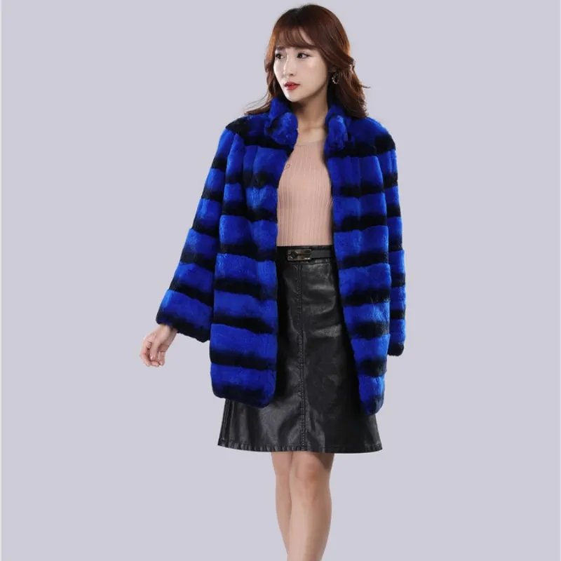 New Winter Women Luxury Real Chinchilla Rex Rabbit Fur Coat Warm Stand Collar Natural Fur Jacket