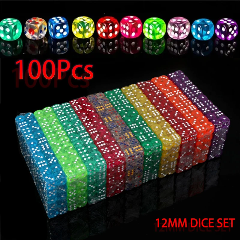 100PCS/Set D6 Dice 12mm 6 Sided Multicolor Transparent Color Acrylic Rounded Edges For Table Board Game Drink Party DND
