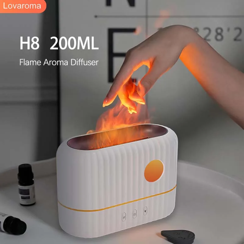LOVAROMA H8 200ML Flame Diffuser Aromather USB Air Humidifier Ultrasonic Cool Mist Maker Fogger LED Essential Oil Home Appliance