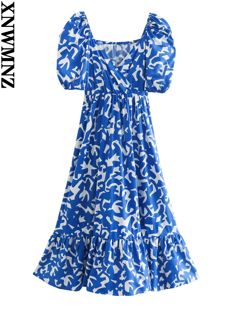 

XNWMNZ women fashion printed poplin dress female Casual v-neck short puff sleeves ruffled hem summer boho midi dresses 2022 new