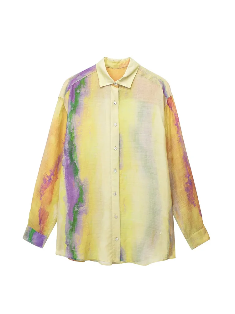 

Icclek Tie Dye Shirt For Women 2023 Zat Print Vintage Long Sleeves Female Chic Lady Tops Turndown Collar Blouse Tops Blusas Tops