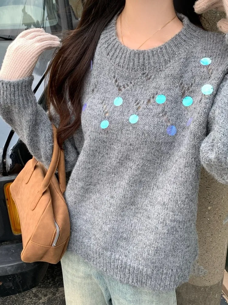 Большие размеры нежный корейский свободный утягивающий вязаный топ для полных