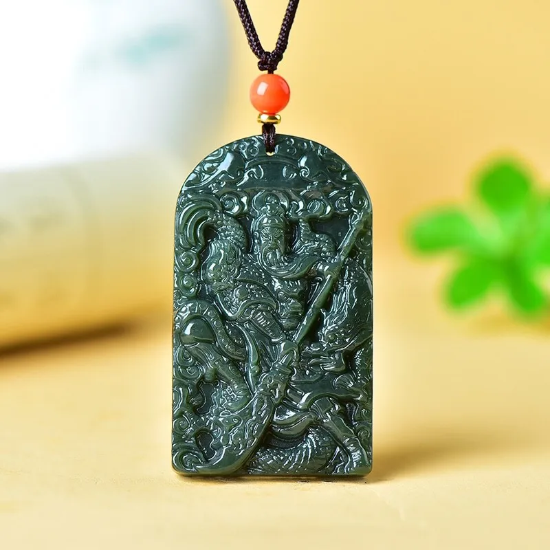 Отправить сертификат натуральный зеленый нефрит Guan Yu Кулон Ожерелье для мужчин и