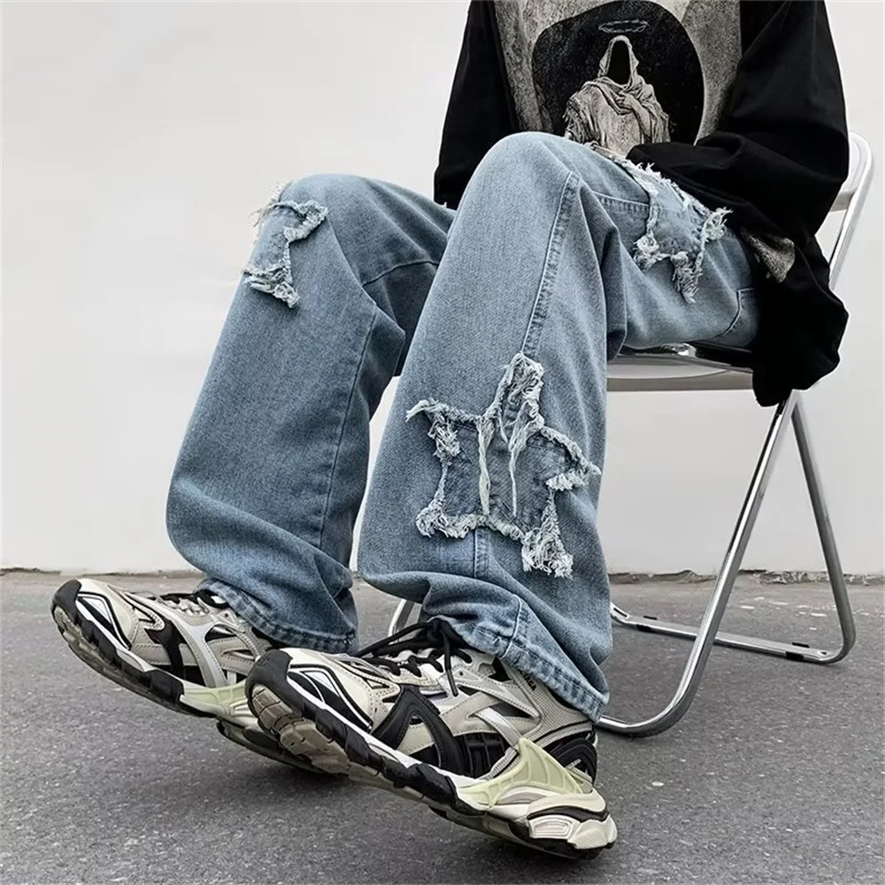 2022 New Fashion Stars Towel Embroidery Brown Baggy Men Jeans Pants Y2K Clothes Straight Hip Hop Cotton Trousers Pantalon Homme