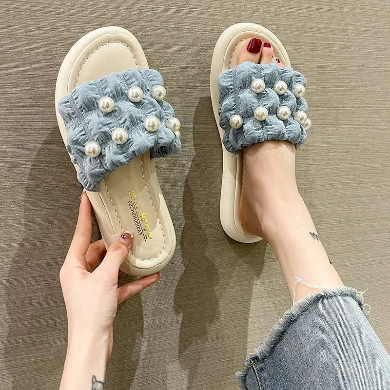 

Female Shoes House Slippers Platform Slides Summer Clogs Woman Med Fashion 2022 Beach Flat Soft Luxury Fabric PU Rubber Cotton