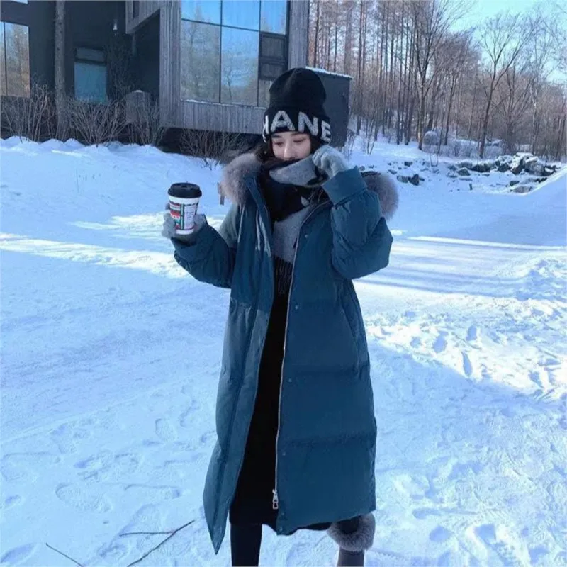Down Padded Jacket Women's Knee Length Loose Coat Mid-length Large Fur Collar Loose Thick Coat Trendy Coat Overcoat New Winter