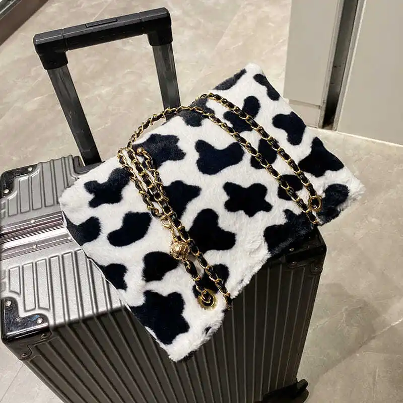 

Women's Cow/Zebra/Leopard Plush New Commuter Soft Fluffy Bag Large Capacity Furry Handbag Chain Fur Shoulder Bag