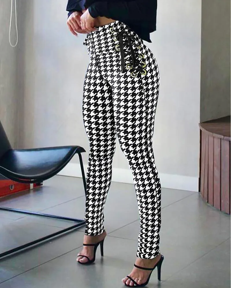 Women Elegant Fashion High Waist Houndstooth Print Eyelet Lace-up Skinny Pants 2022 Casual Lady Pencil Pants