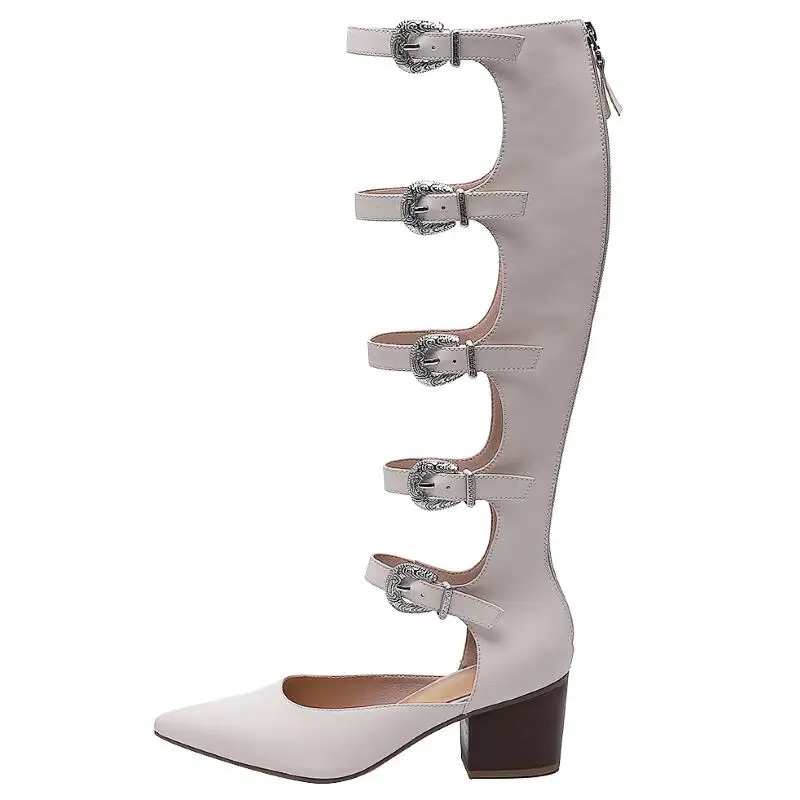 

Sexy Hollowed Out Roman Cool Boots Summer Metal Buckle Pointed Toe Sandals Women's Shoes Genuine Leather Beige Black Big Size 40