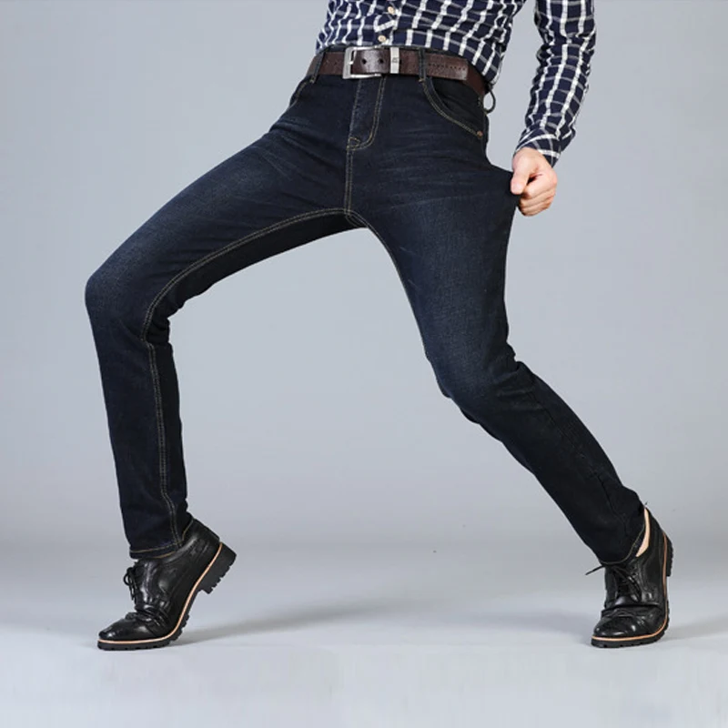 Men's Warm FleeceJeans Business Fashion Winter Plush Thick Denim Trousers Male Elastic Loose Casual Straight Pants Plus Size