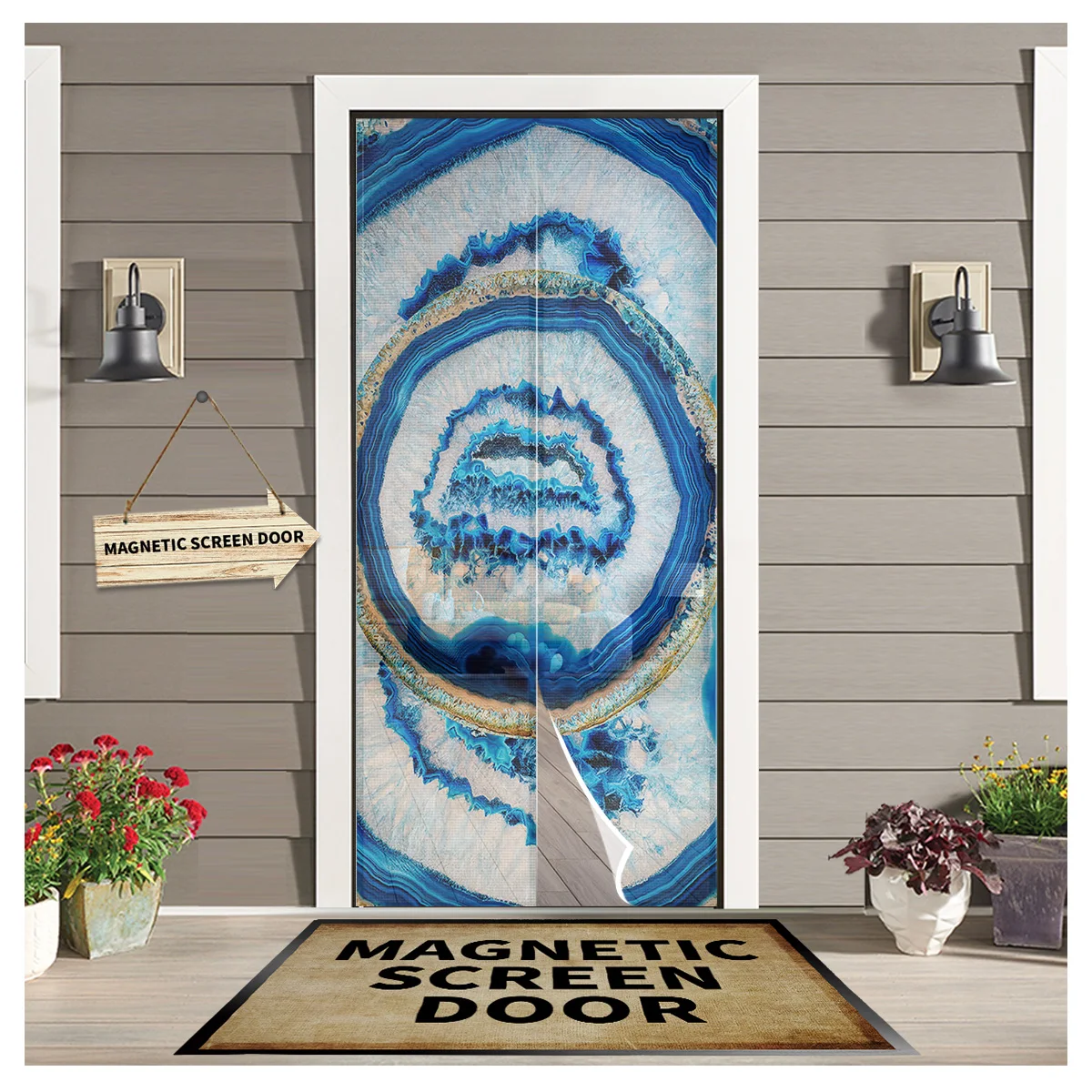

Retro Agate Texture Blue Magnetic Net Door Screen Mesh Automatic Closing Anti Mosquito Insect Door Curtain