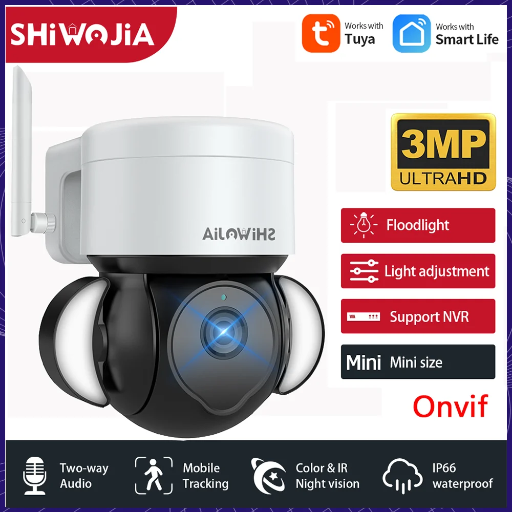 

SHIWOJIA 3-мегапиксельная наружная камера с автоматическим отслеживанием, Wifi камера Tuya Smart PTZ IP CCTV, внутренний двор, Foodlight Google Home Alexa