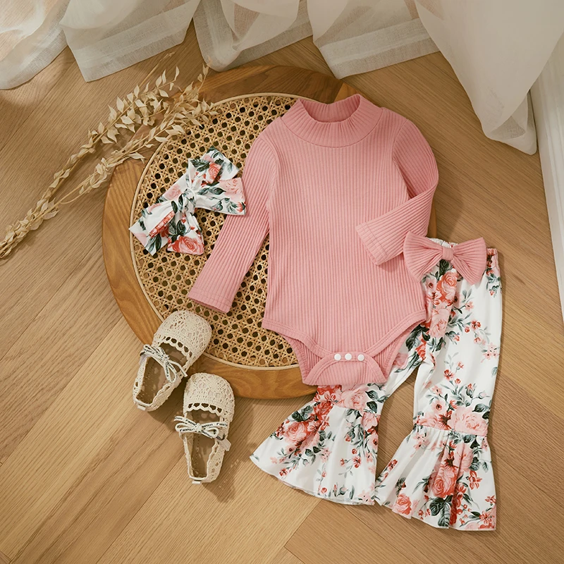 

3PCS Toddler Baby Girls Clothes Jumpsuits Set Cute Ribbed Half Turtleneck Long Sleeves Romper Floral Flared Pants Headband Suit