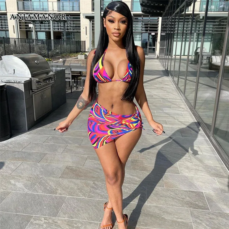 

ANJAMANOR Sexy Two Piece Bikini Sets Mini Skirts and Crop Top Beach Outfits for Women Summer Vacation Printed Dress Sets D87BB16