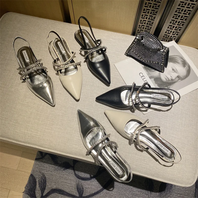 Fashion Pointed Sandals 2023 Summer Women's New French Flat Shoes Single Shoe Baotou Rhinestone Women's Shoes