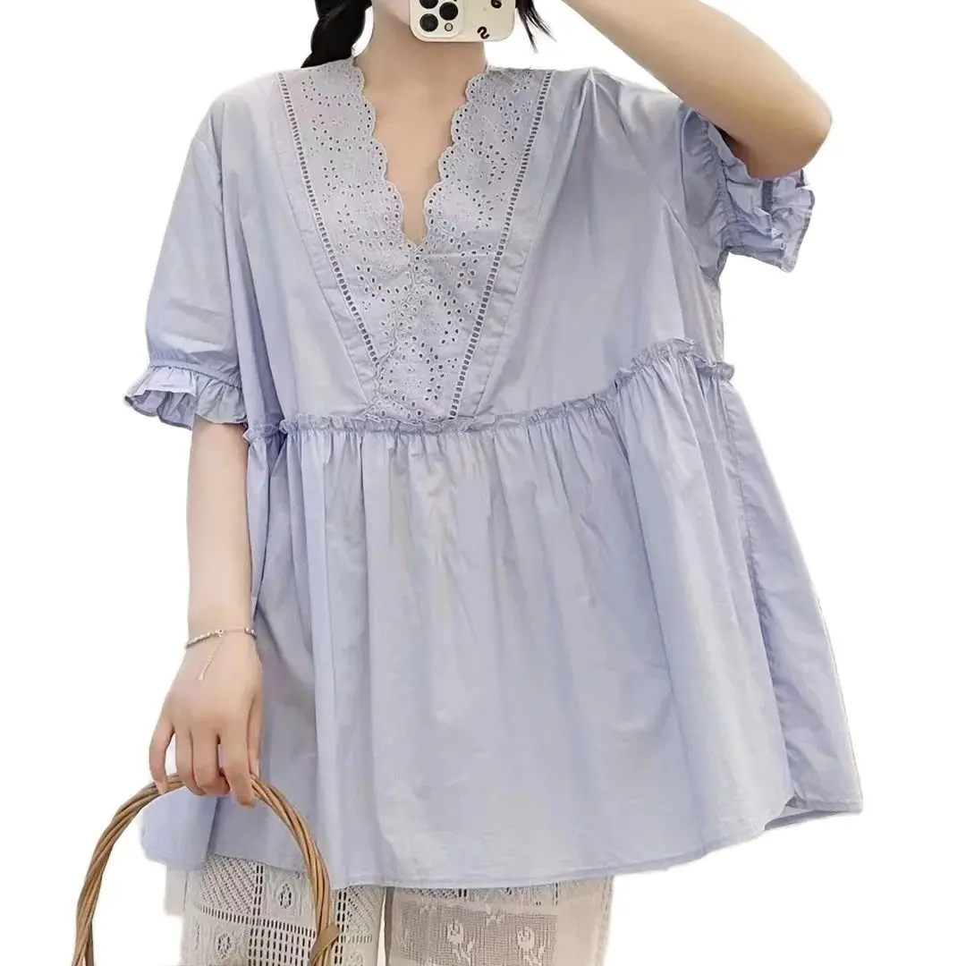 Летние хлопковые рубашки с короткими пышными рукавами женские кружевные топы