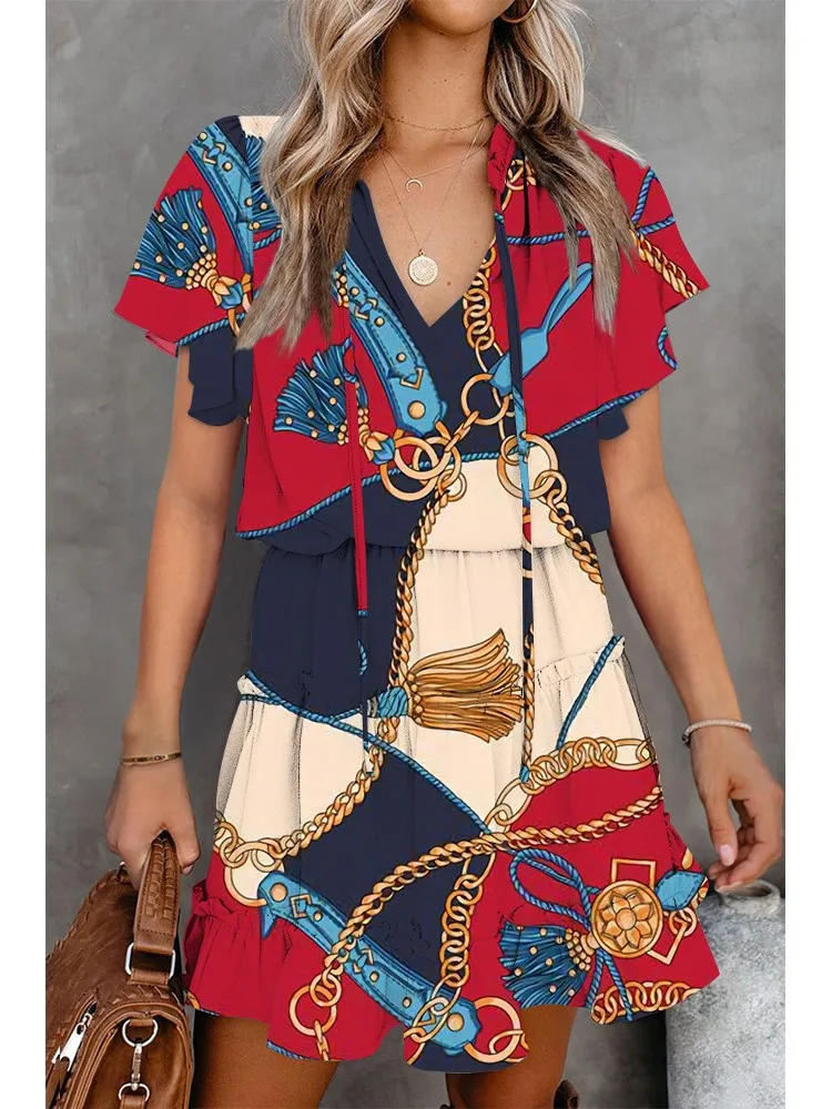 

Women Casual Green Dress O Neck Lace-up A Line Short Sleeves Ruffles Dress Female Beach Style Mini Vestidos For Spring 2022