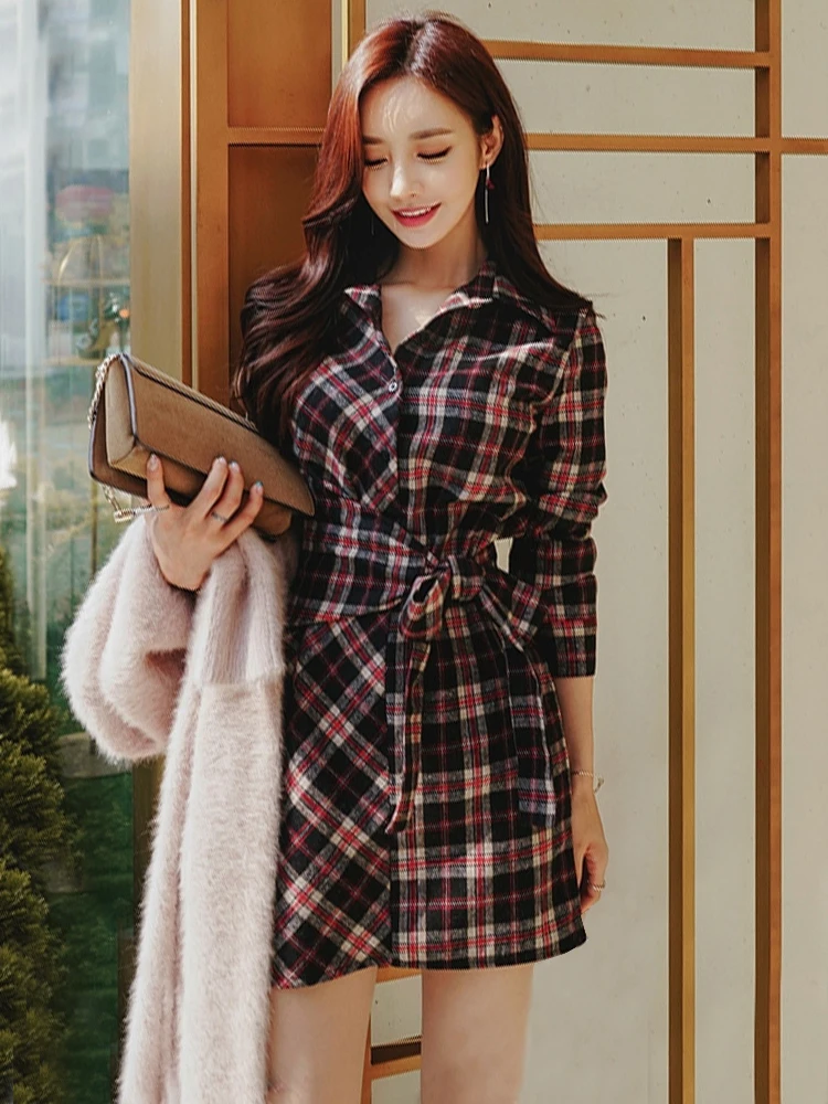 

Женское винтажное платье в клетку, повседневное однобортное приталенное платье мини с поясом, элегантное платье в Корейском стиле для деву...
