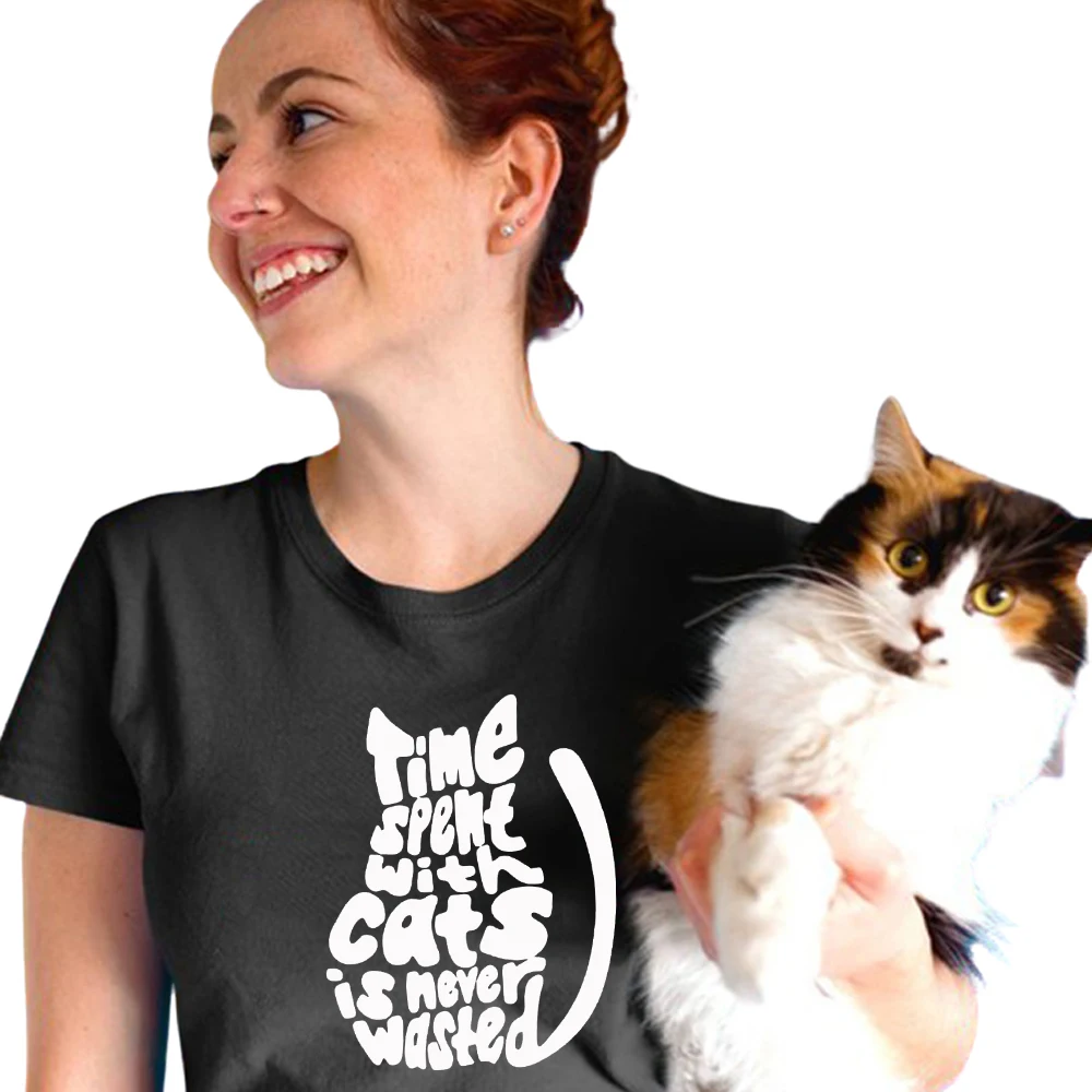 

Time Spent with Cats is never wasted Print womans cotton T shirts for cat lover tops Graphic Tees Hipster women clothing Tumblr