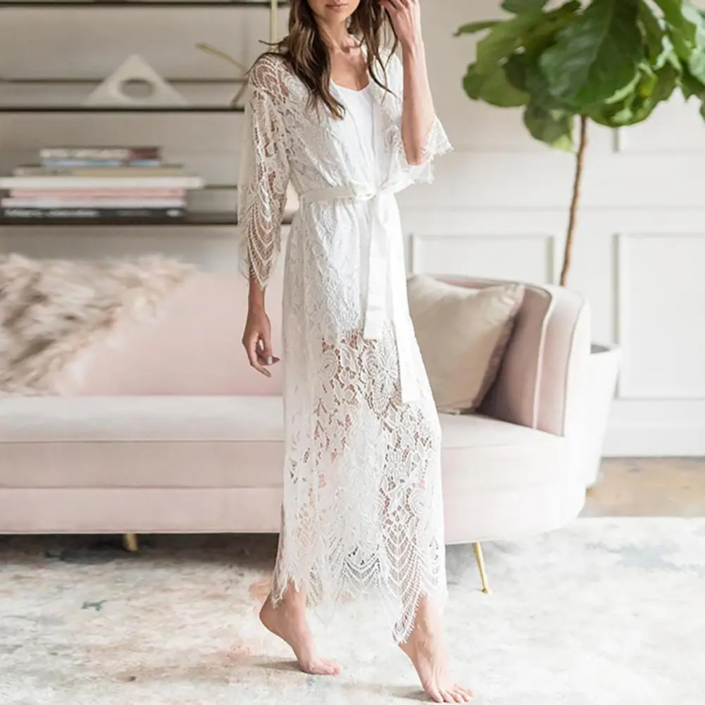 Женское кружевное пляжное кимоно черный и белый кардиган с вышивкой Длинная