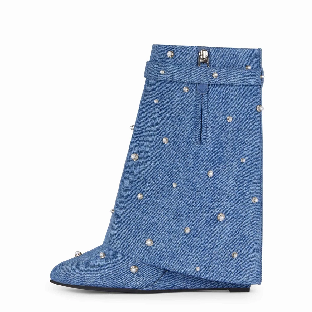 Women Wedge Fold Pointed Toe Boots Shark Lock Zipper Denim Cloth Casual High Heels Metal Decor Fashion Rivet Large Size 43