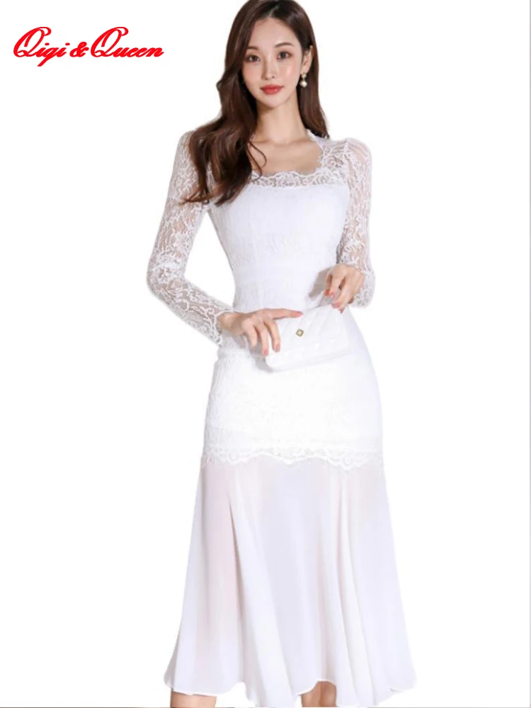 

Женское кружевное платье Qiqi & queen, элегантное белое ажурное платье-трапеция в стиле пэчворк с длинным рукавом, офисное Повседневное платье, осень