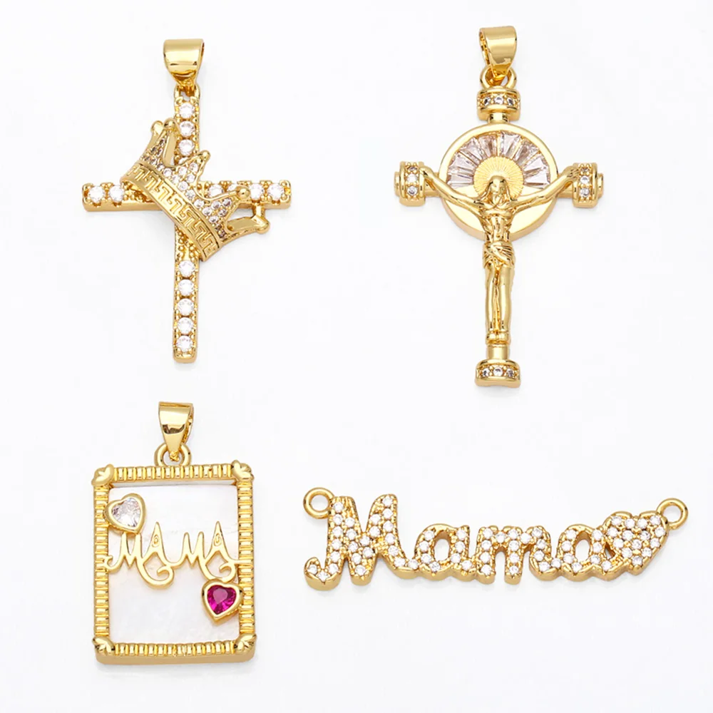 

OCESRIO Big Cross Pendant for Necklace Copper Cubic Zirconia Gold Plated Crown Mom Components for Jewelry Making pdta728