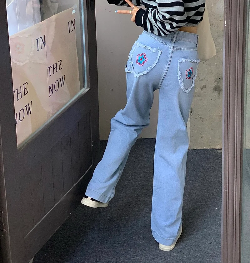 

Vintage Baggy Women's Jeans Straight Loose High Waist Trousers Flower Print Streetwear Fashion Embroidery Denim Wide Leg Pants