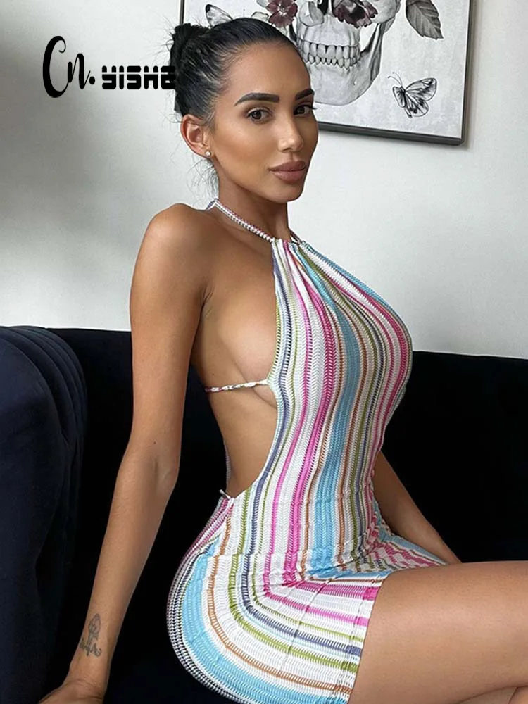 

CNYISHE, пикантное облегающее Летнее мини-платье в разноцветную полоску с принтом на шнуровке, женская одежда, уличная одежда, для вечерние рин...