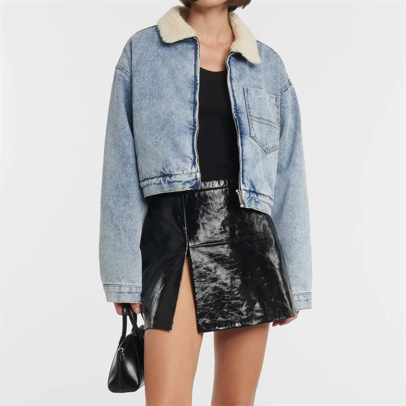 

Women's jacket 2023 Autumn/Winter New Korean Fashion Slim Lamb Wool Lining Denim Coat High Quality Long Sleeved Top Thick Coat