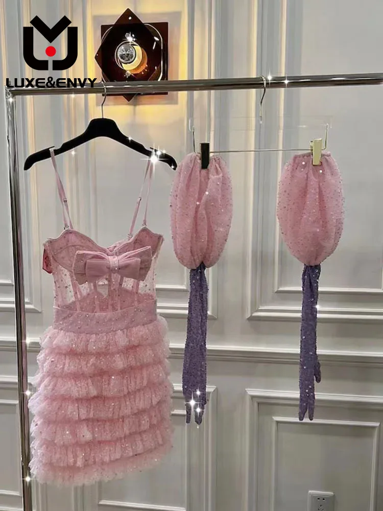 

Женское платье на бретельках Люкс & ENVY, розовое Сетчатое платье высокого качества с бантом на талии, осень 2023