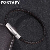 fortafy fashion jewelry braided leather rope bracelet stainless steel snaps bracelet handmade vintage wristbands for men frph522