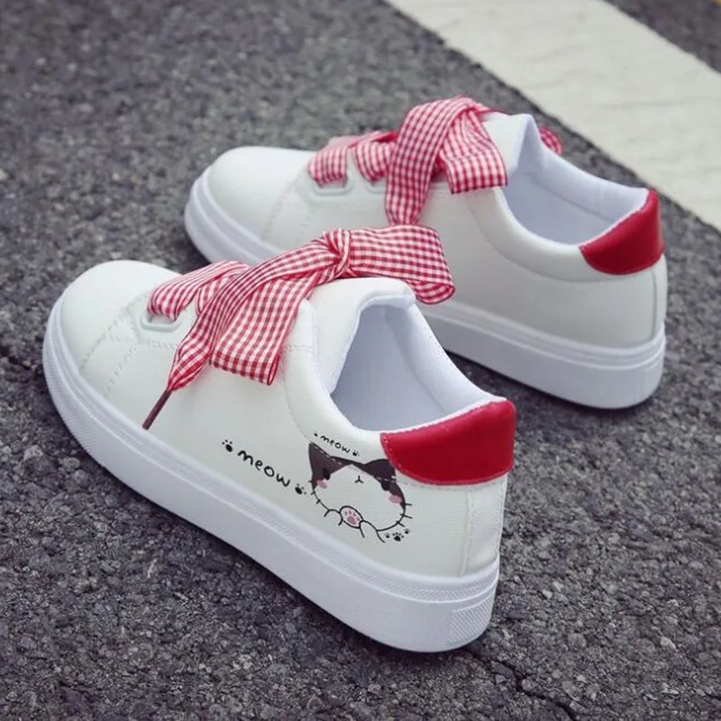 

Comfortable Platform Sneakers Chunky White Bowtie 2021 Women Fashion Ladies Flats Shoes Cute Cat Spring Shoes Women Flat Heel