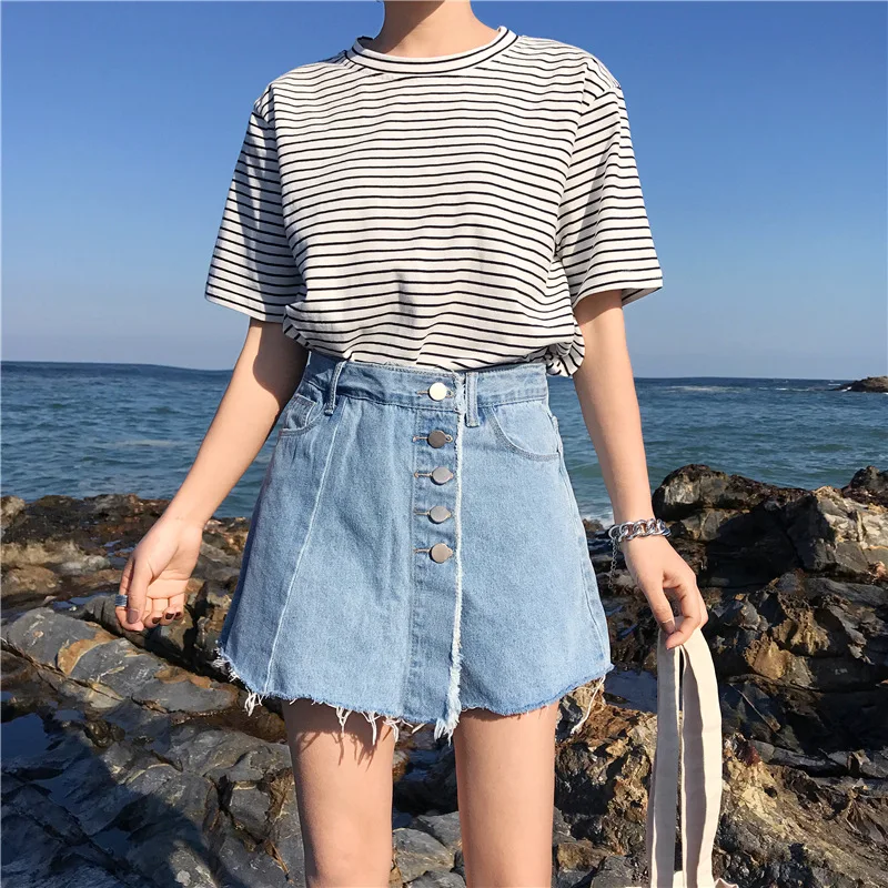 Women's Blue Jeans Skirt Shorts High Waist Irregular Shorts Skirts Fashion Raw Edge Fake 2 Piece Wide Leg Skirt Denim Shorts