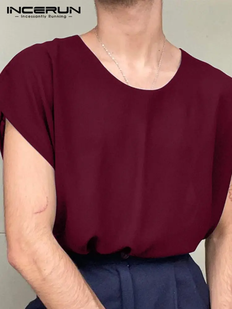 

INCERUN American Style New Men's Round Neck Solid Color Waistcoat Fashion Casual Slightly Transparent Thin Shoulder Vests S-5XL