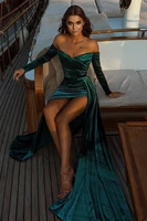 velvet off shoulder formal evening dress long emerald green sweep train prom party gowns long 2022