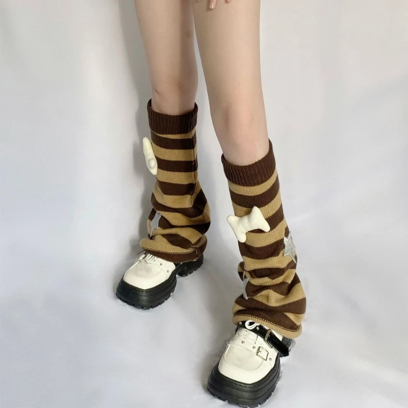 

Knitted Calf Sock Lovely Stripe Pattern Knees High Sock Thigh High Loose Stocking for Student Lady Girl Color Matching