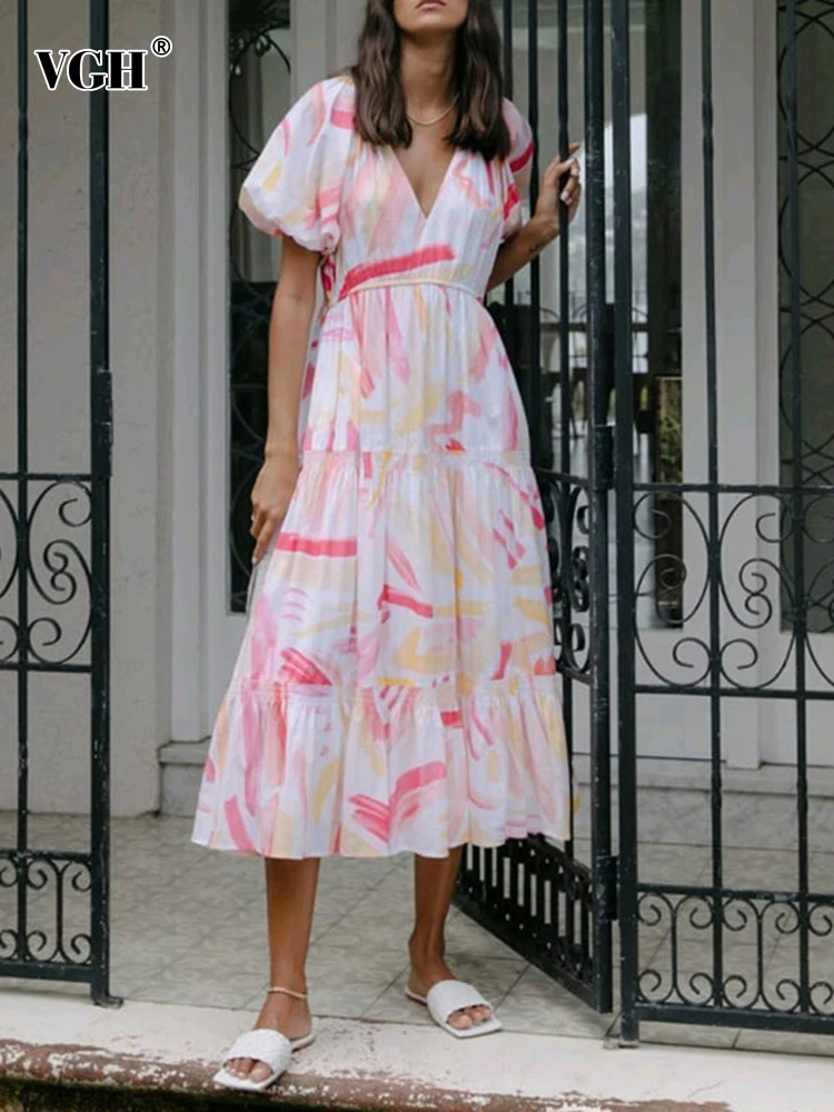 

VGH Hit Color Print Dress For Women V Neck Puff Short Sleeve High Waist Elegant Midi Dresses Female 2022 Summer Fashion Clothing