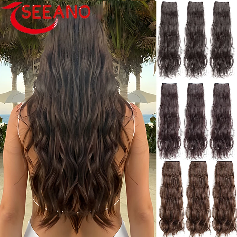 SEEANO Synthetic Hair extension Wavy hair Heat-Resistant Fiber Fake Hair Wig Long Hair Piece with two clips Three-piece suit